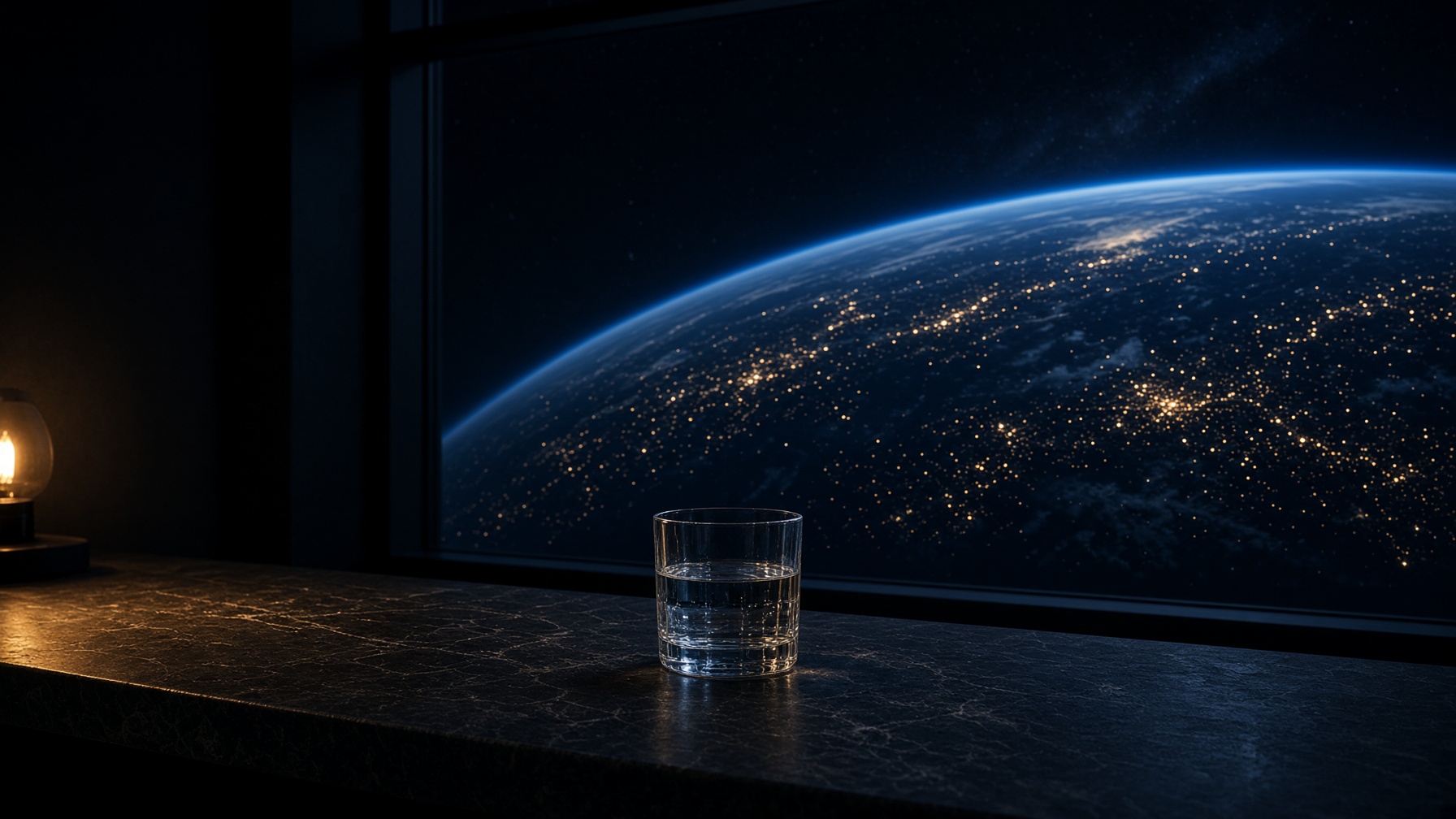 One glass on the stone. A low lamp. The Earth beyond the window.