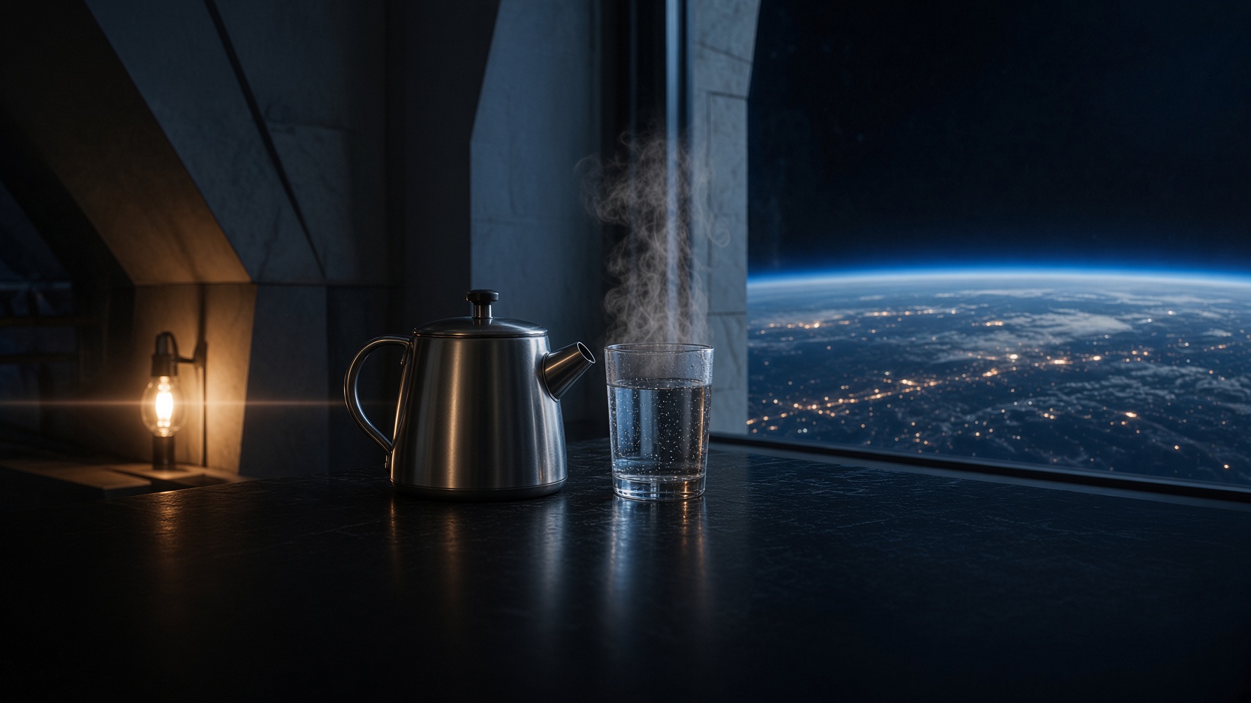 The same glass, filled. The kettle is down. The same lamp, the same window.