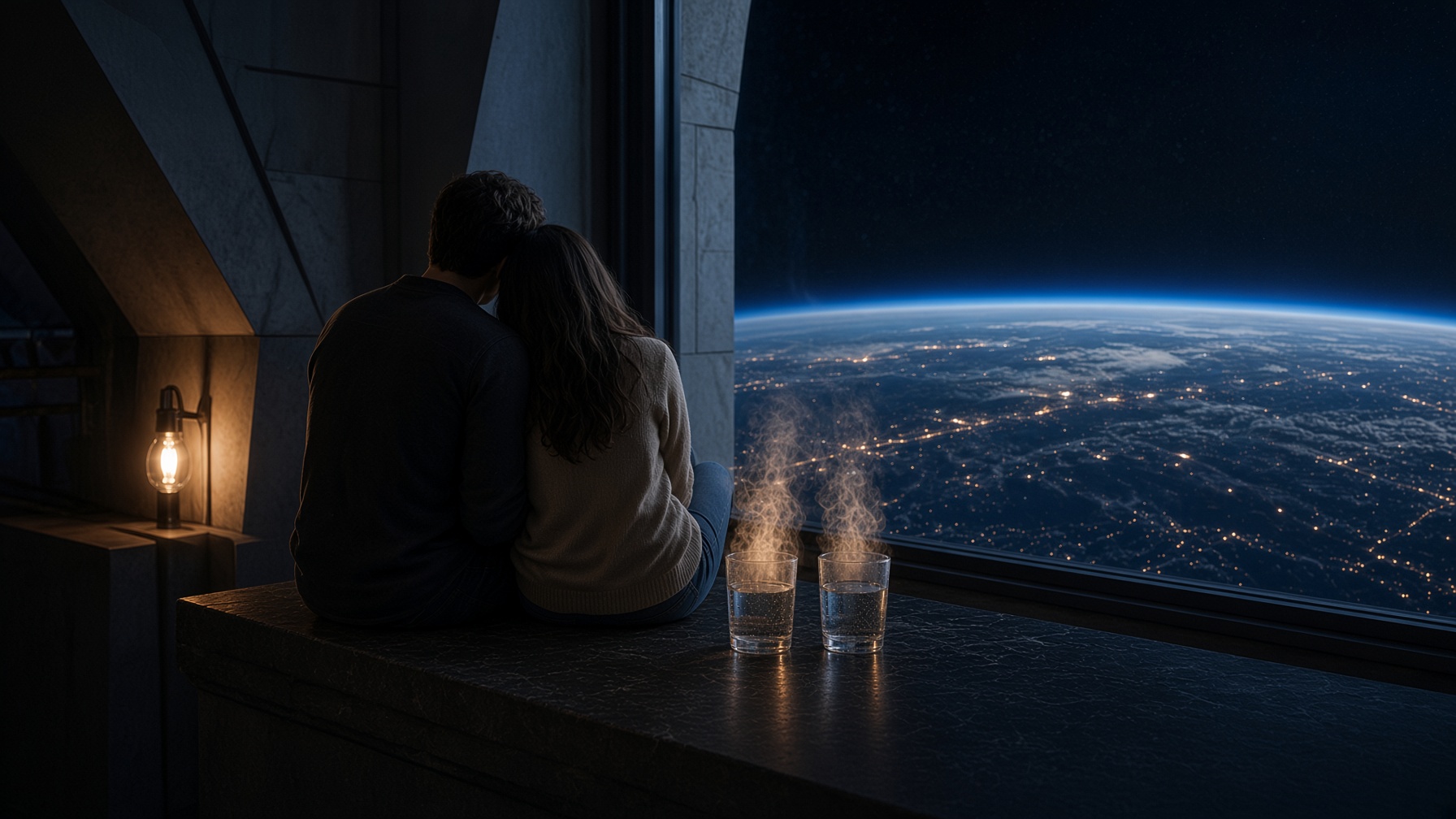 Two people, seen from behind, sitting together under one lamp, with two glasses and the Earth beyond the window.